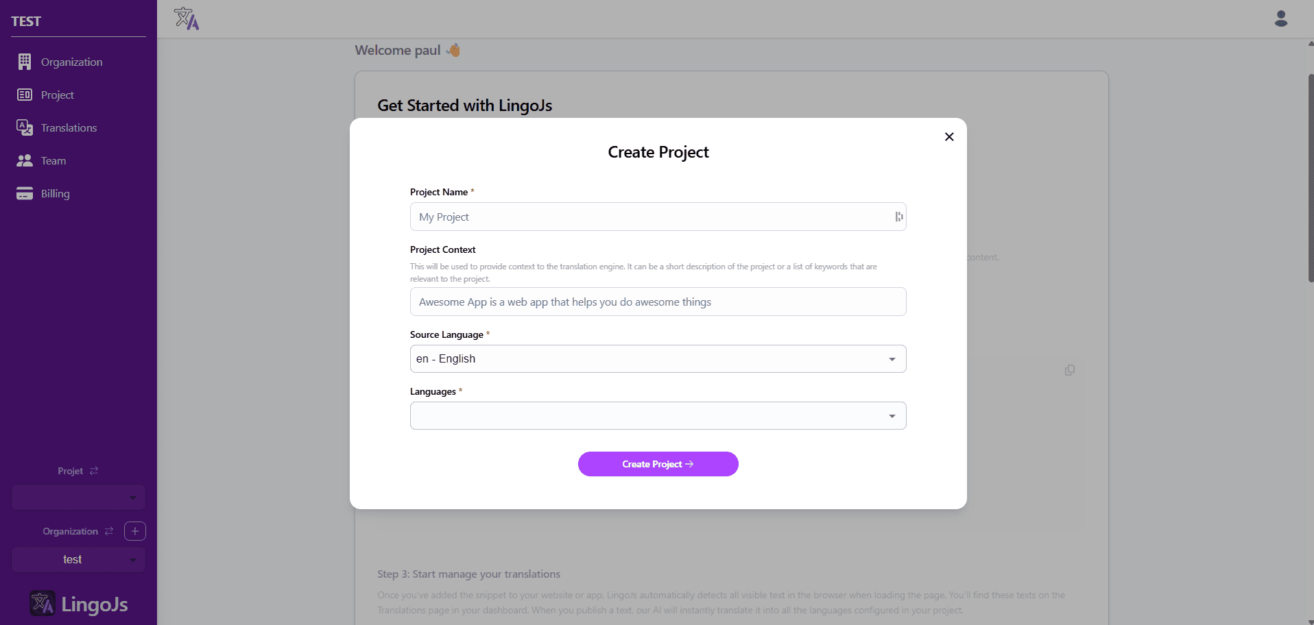 Step 1: Create Your Project on LingoJS